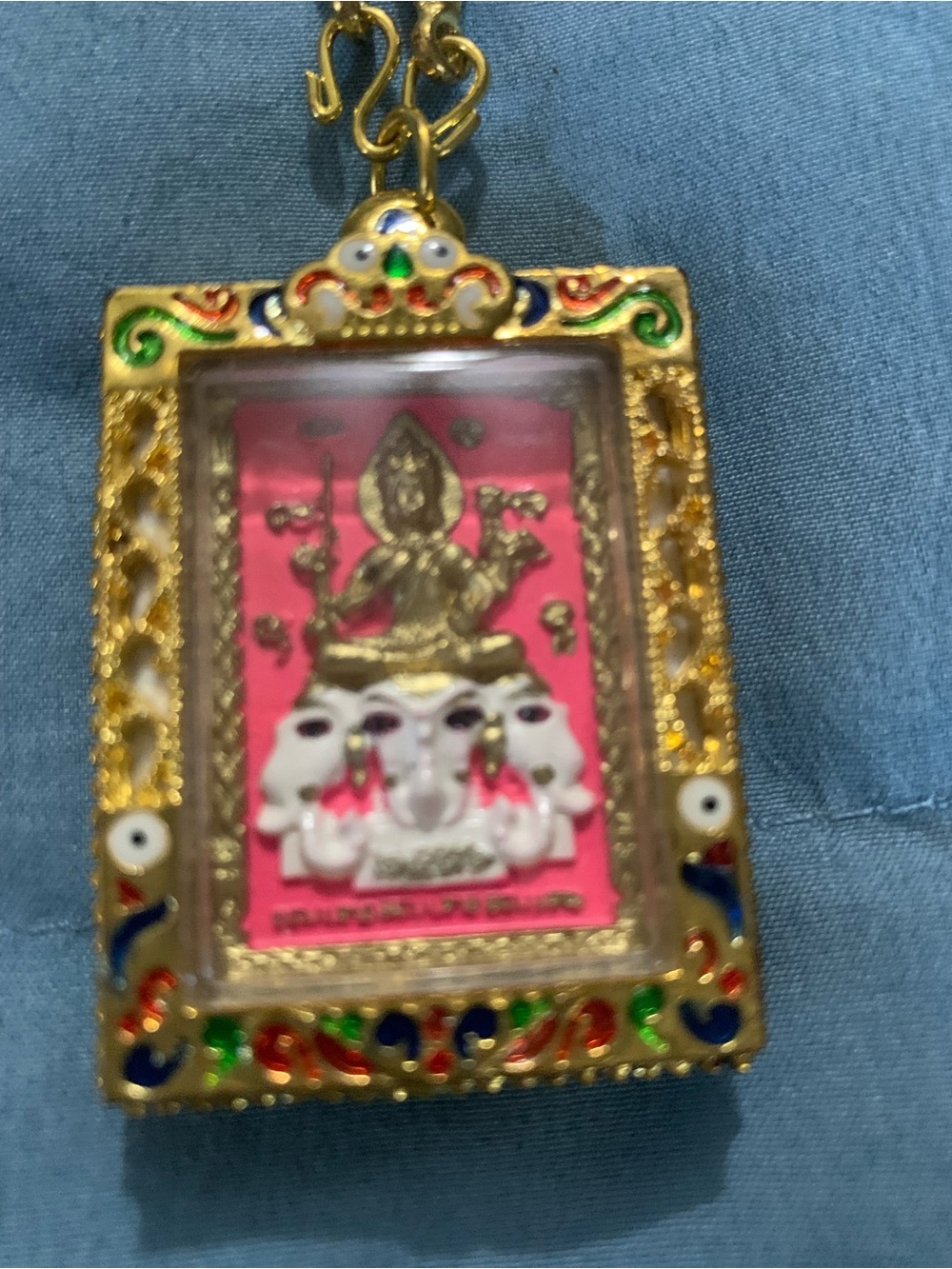 Black Beaded Amulet Necklace with Gold-Trimmed Pink Thai Phra Phrom Pendant - Picture 2 of 4